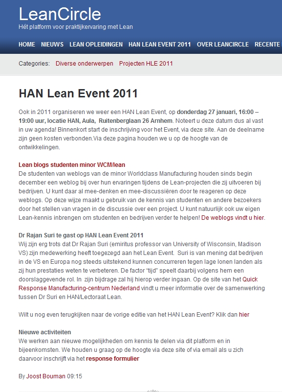 HAN Lectoraat Lean organiseert het HAN Lean Event op 27 januari 2011