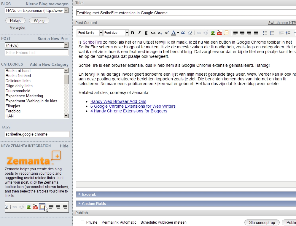 Testblog met ScribeFire extension in Google Chrome